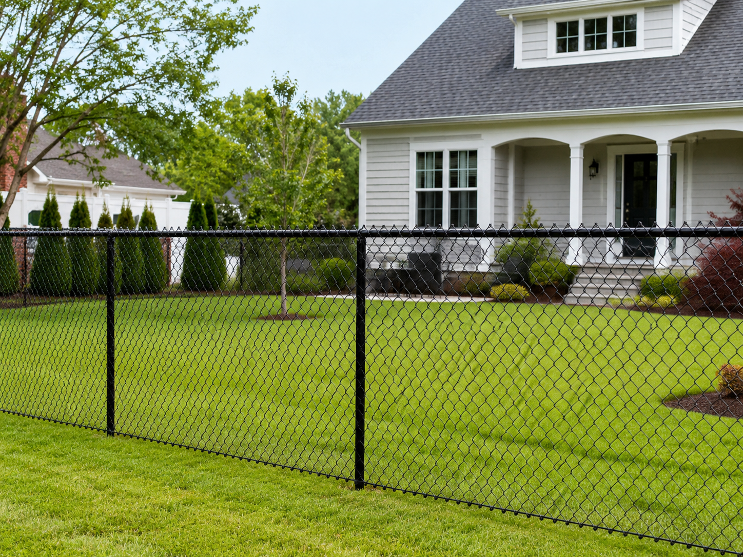 Black chain-link fence in front of a residential home