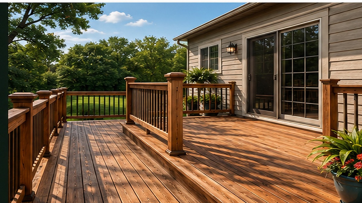 New wood deck with wood railing