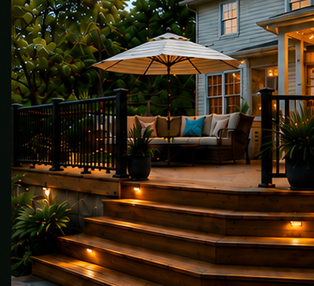 Finished residential deck with broad wood steps
