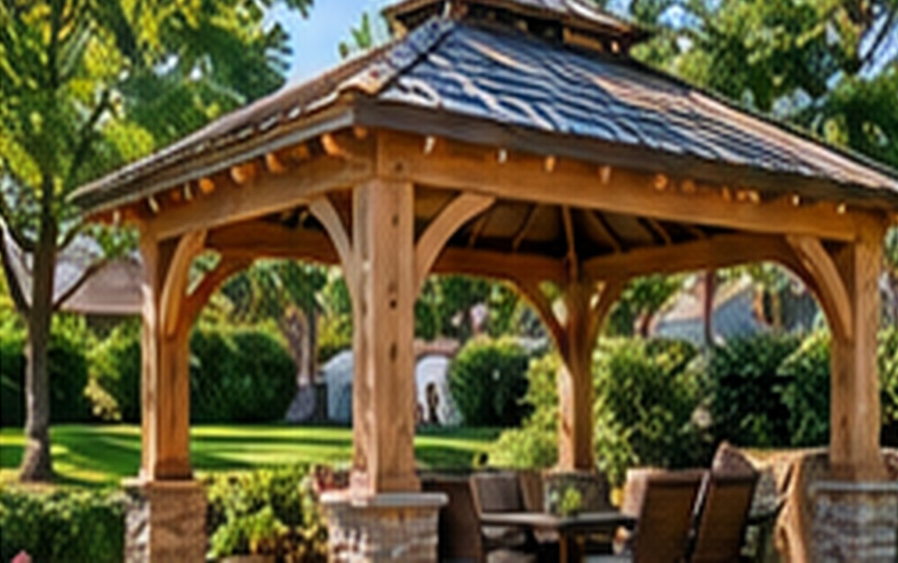 TimberStrong wood gazebo with a solid roof in a landscaped yard